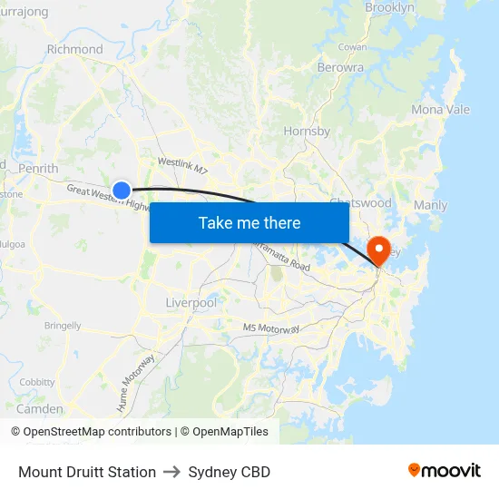 Mount Druitt Station to Sydney CBD map