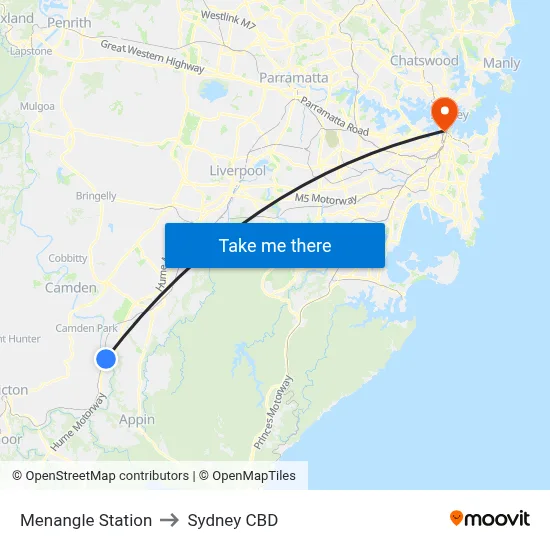 Menangle Station to Sydney CBD map
