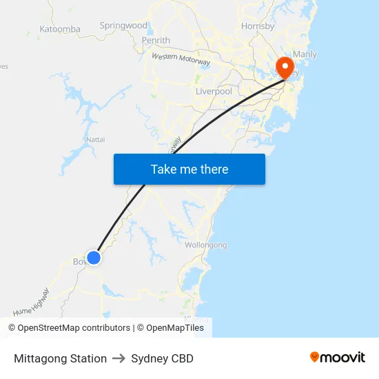 Mittagong Station to Sydney CBD map