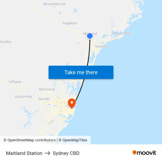 Maitland Station to Sydney CBD map