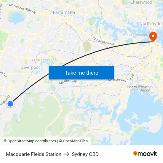 Macquarie Fields Station to Sydney CBD map