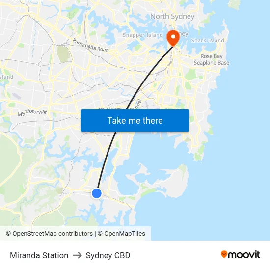 Miranda Station to Sydney CBD map