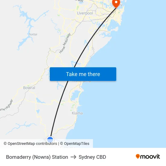 Bomaderry Station to Sydney CBD map