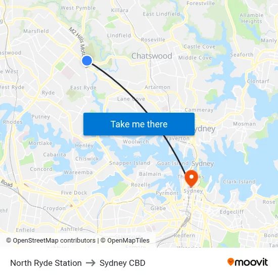 North Ryde Station to Sydney CBD map