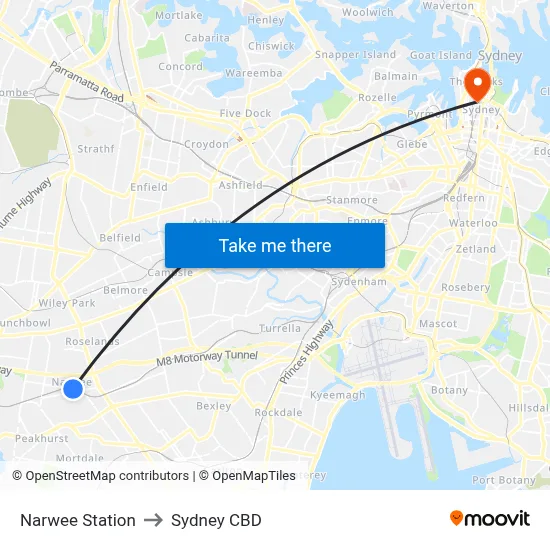 Narwee Station to Sydney CBD map
