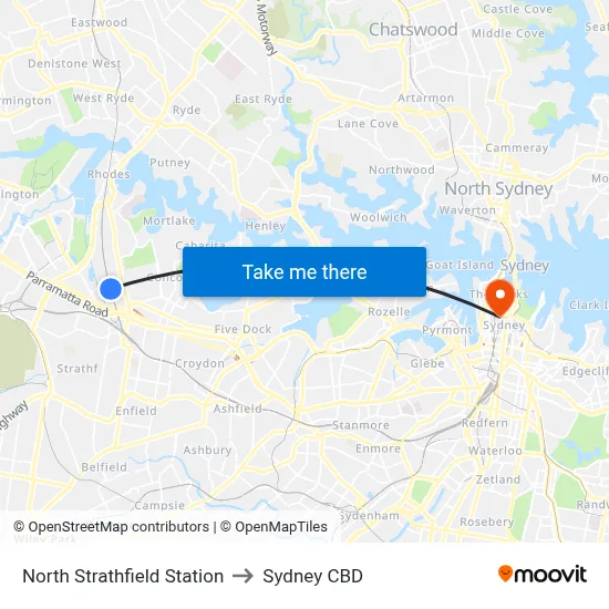North Strathfield Station to Sydney CBD map