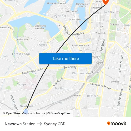 Newtown Station to Sydney CBD map