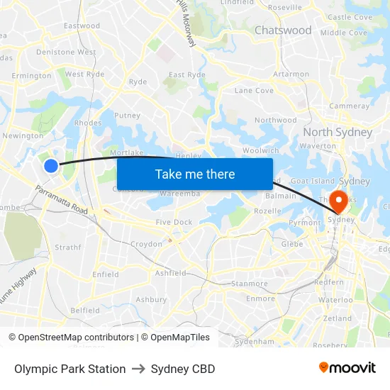 Olympic Park Station to Sydney CBD map