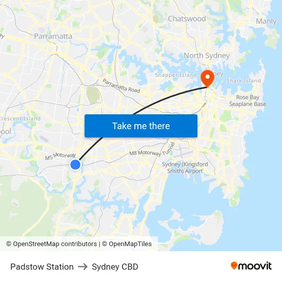 Padstow Station to Sydney CBD map