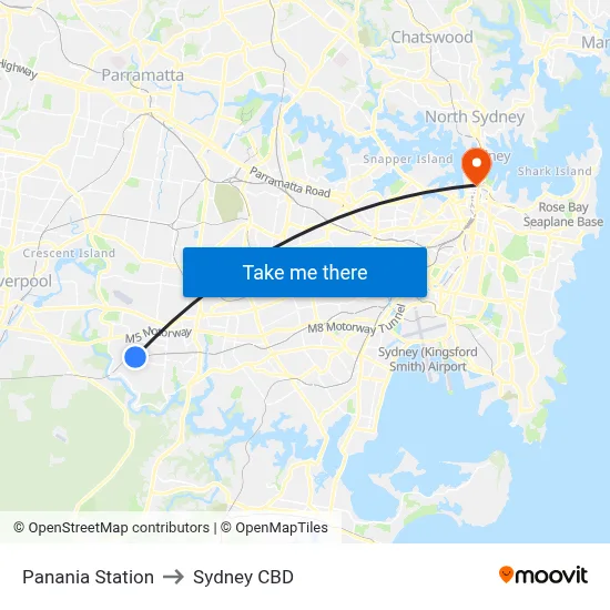 Panania Station to Sydney CBD map