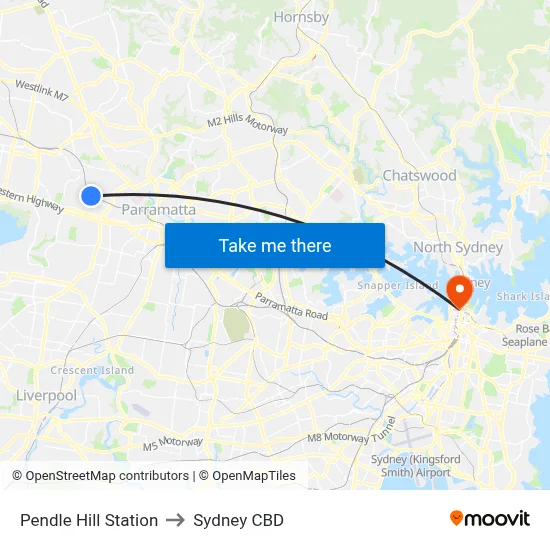Pendle Hill Station to Sydney CBD map