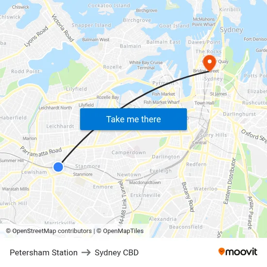 Petersham Station to Sydney CBD map