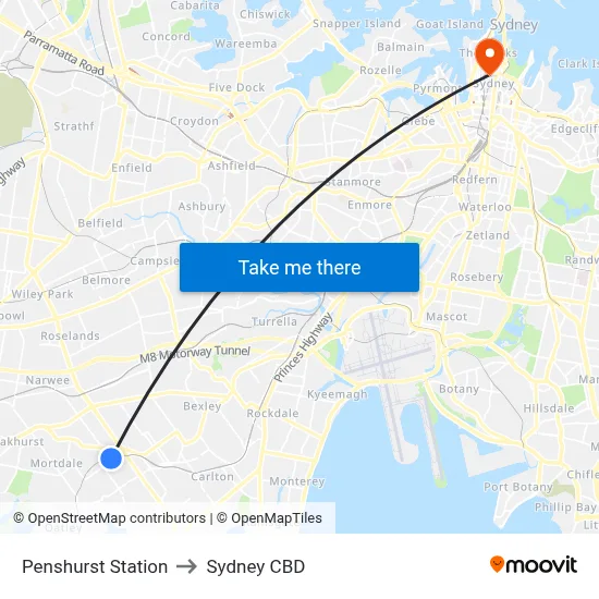 Penshurst Station to Sydney CBD map