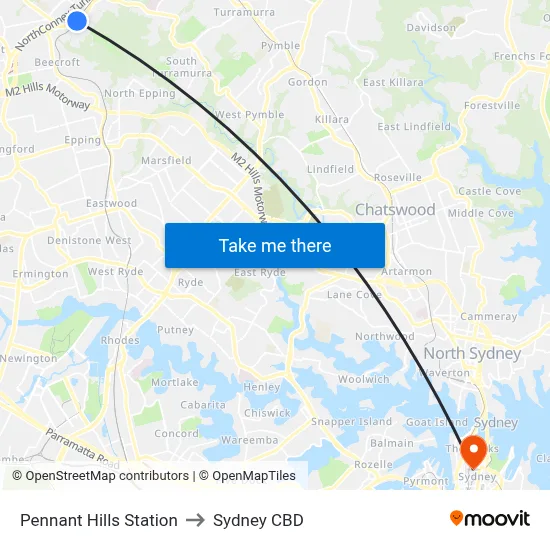 Pennant Hills Station to Sydney CBD map