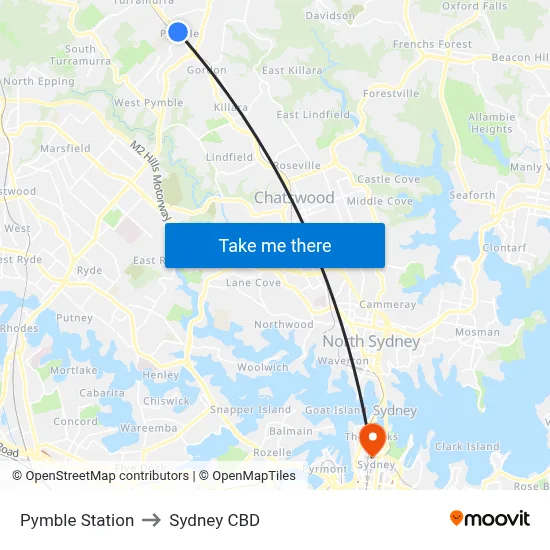 Pymble Station to Sydney CBD map