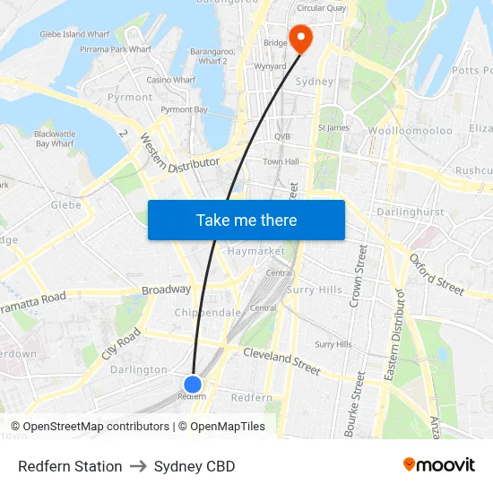 Redfern Station to Sydney CBD map