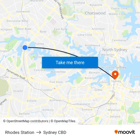 Rhodes Station to Sydney CBD map