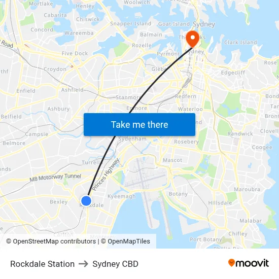 Rockdale Station to Sydney CBD map