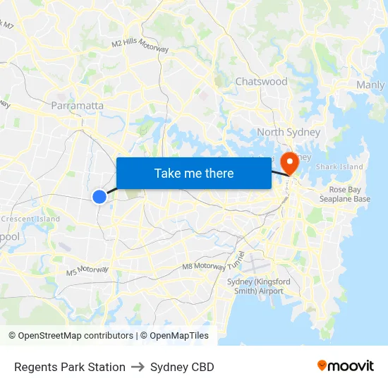 Regents Park Station to Sydney CBD map