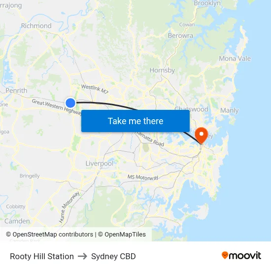 Rooty Hill Station to Sydney CBD map