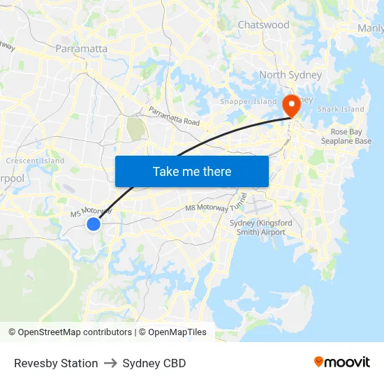 Revesby Station to Sydney CBD map
