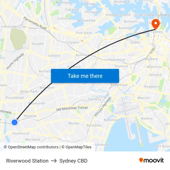 Riverwood Station to Sydney CBD map