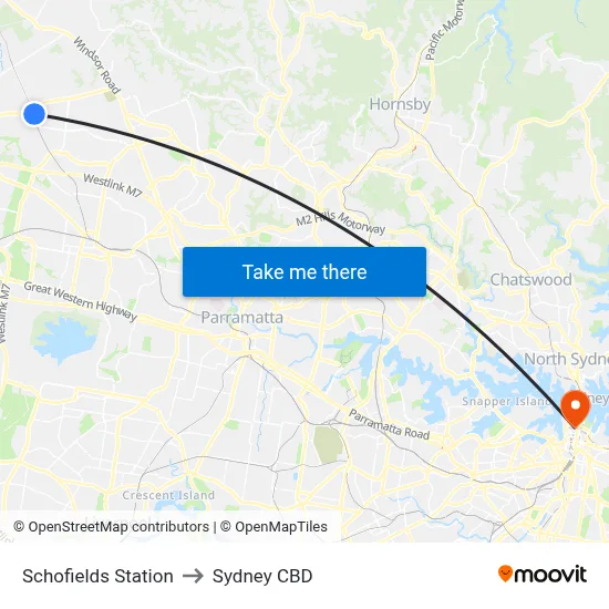 Schofields Station to Sydney CBD map