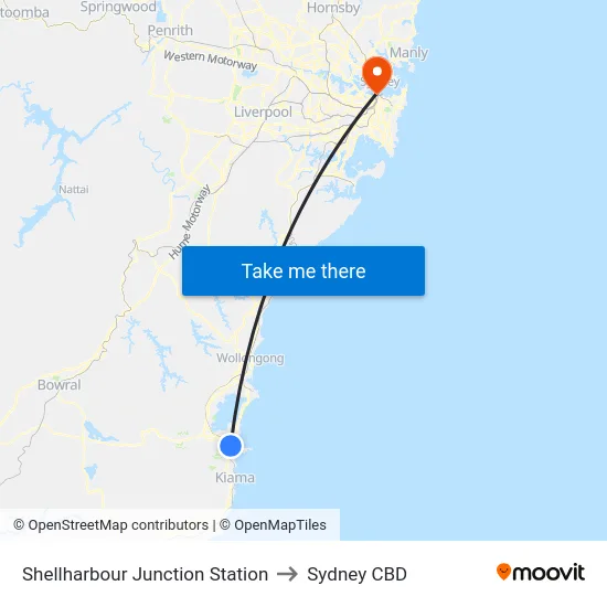 Shellharbour Junction Station to Sydney CBD map
