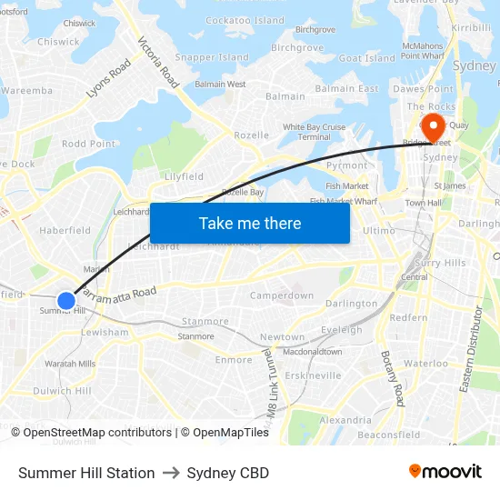 Summer Hill Station to Sydney CBD map