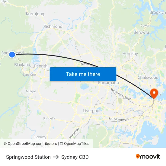 Springwood Station to Sydney CBD map
