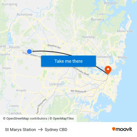 St Marys Station to Sydney CBD map