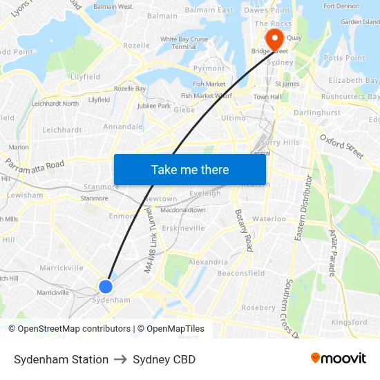 Sydenham Station to Sydney CBD map