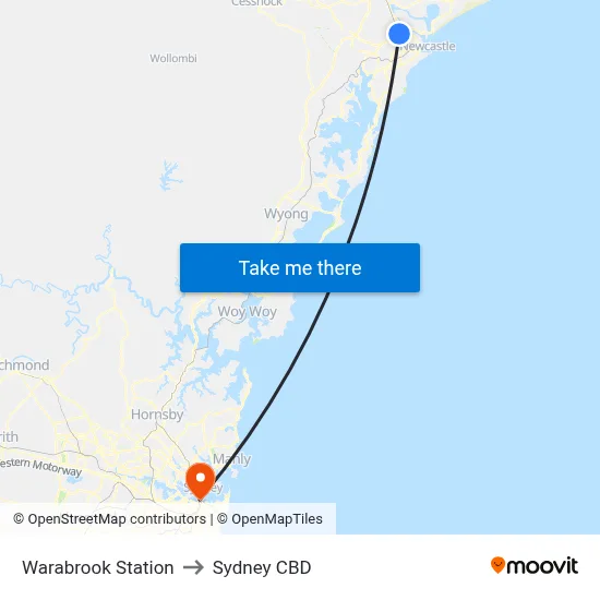 Warabrook Station to Sydney CBD map