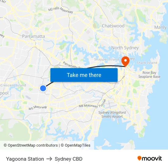 Yagoona Station to Sydney CBD map