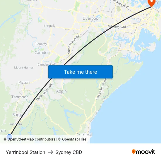 Yerrinbool Station to Sydney CBD map