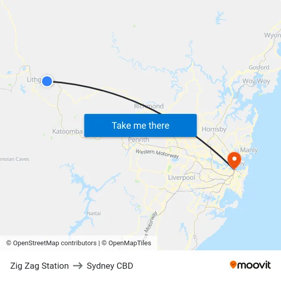 Zig Zag Station to Sydney CBD map
