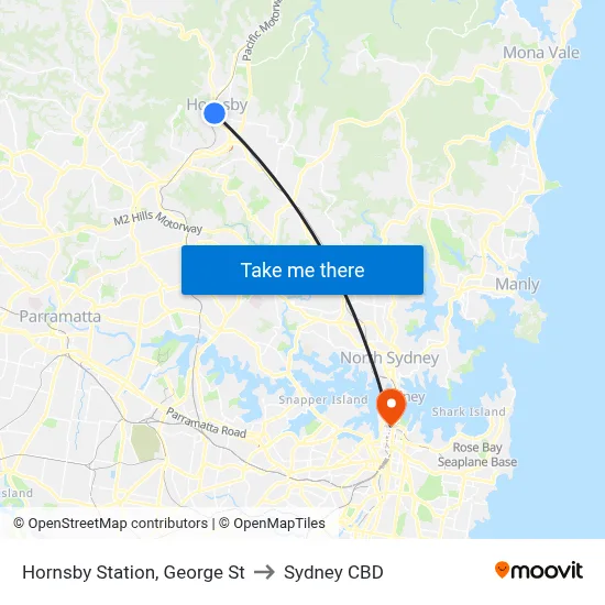 Hornsby Station, George St to Sydney CBD map