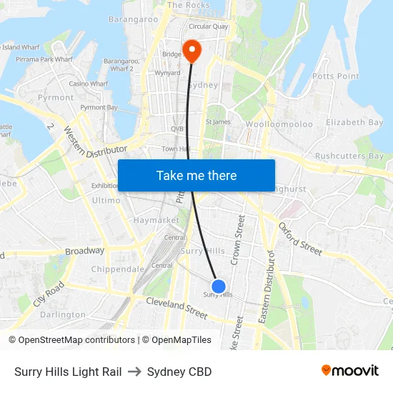 Surry Hills Light Rail to Sydney CBD map