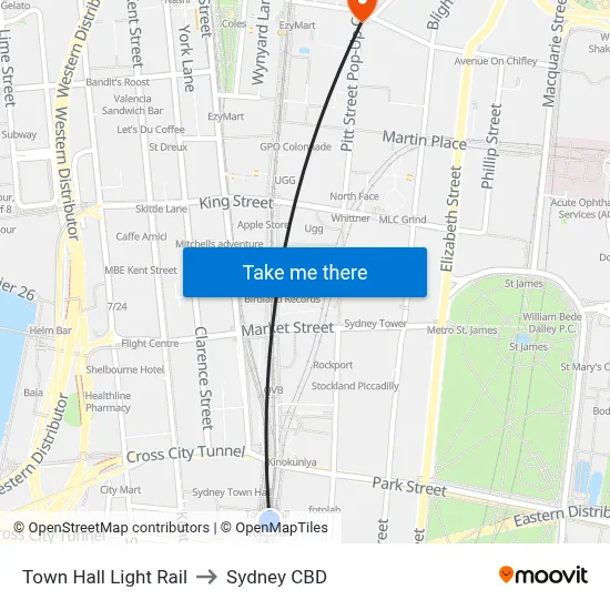 Town Hall Light Rail to Sydney CBD map