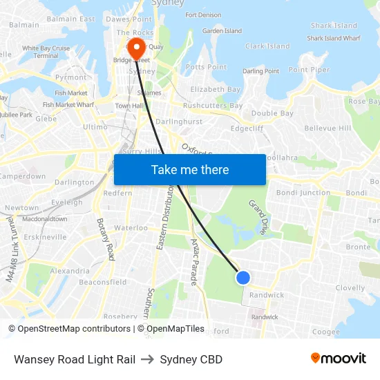 Wansey Road Light Rail to Sydney CBD map