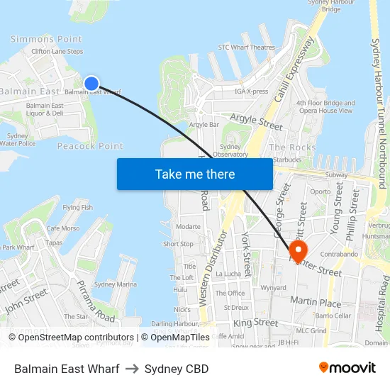 Balmain East Wharf to Sydney CBD map