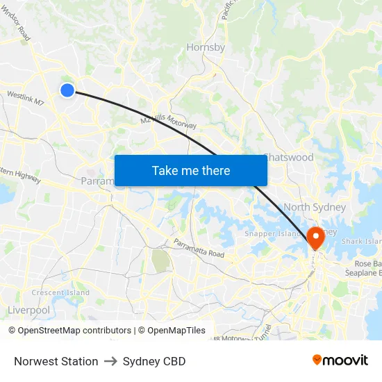 Norwest Station to Sydney CBD map