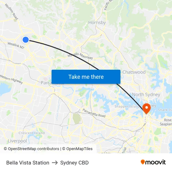 Bella Vista Station to Sydney CBD map