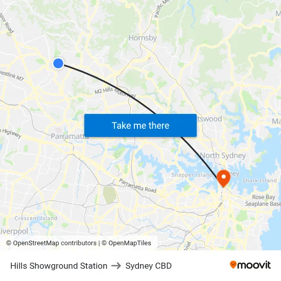 Hills Showground Station to Sydney CBD map