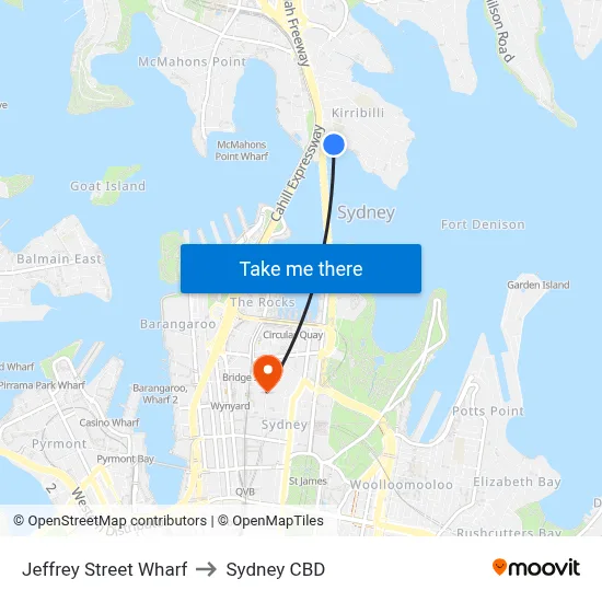 Jeffrey Street Wharf to Sydney CBD map