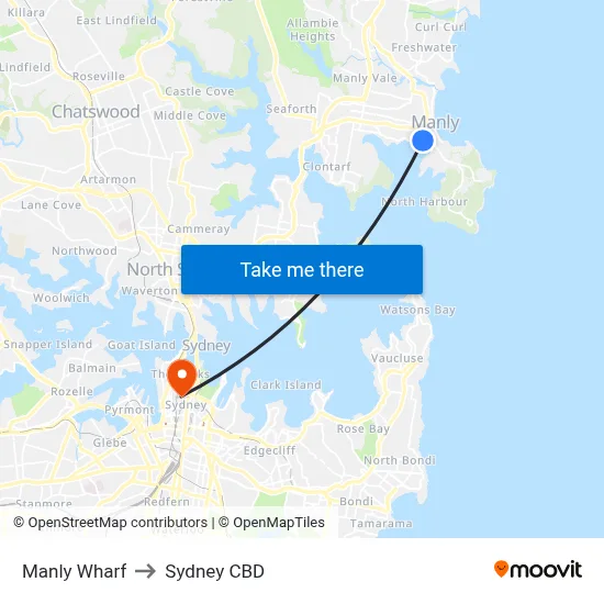 Manly Wharf to Sydney CBD map