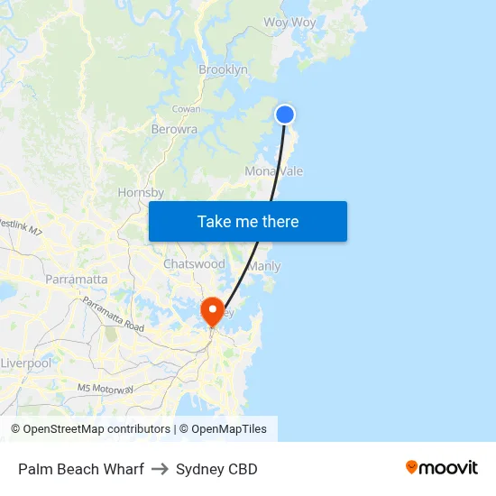 Palm Beach Wharf to Sydney CBD map