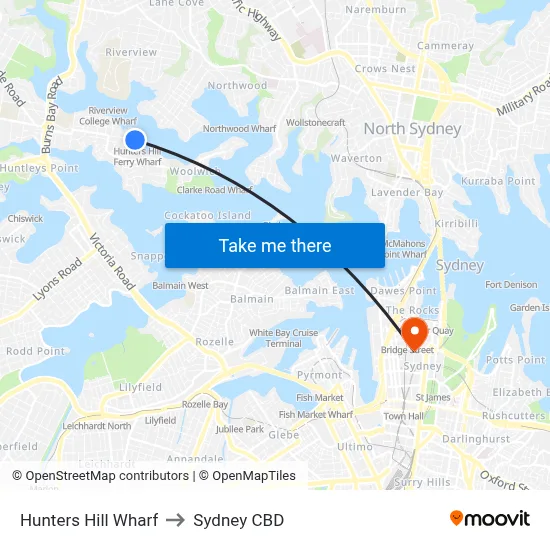 Hunters Hill Wharf to Sydney CBD map
