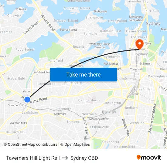 Taverners Hill Light Rail to Sydney CBD map
