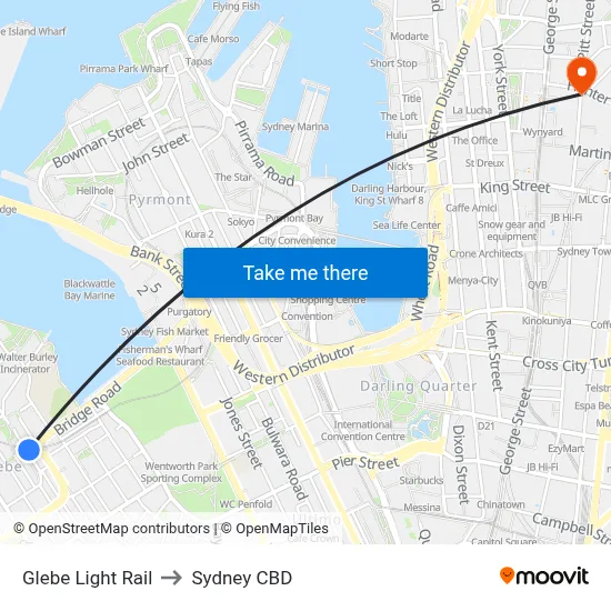 Glebe Light Rail to Sydney CBD map